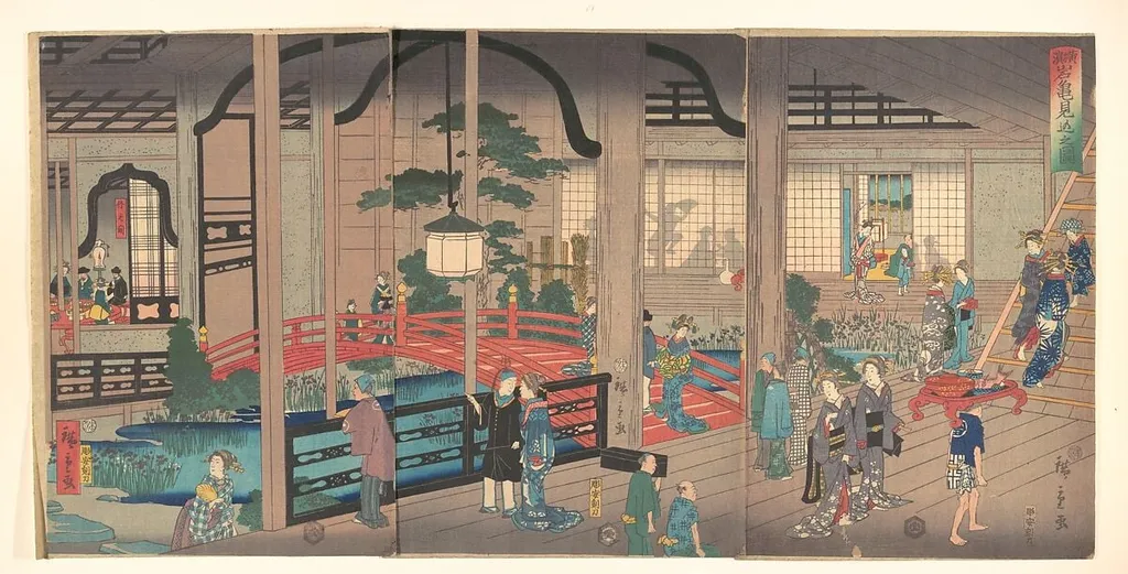 Yokohama Gankirō no zu|View of the Interior of the Gankirō Tea House in Yokohama, by Utagawa Hiroshige II, ink, 4