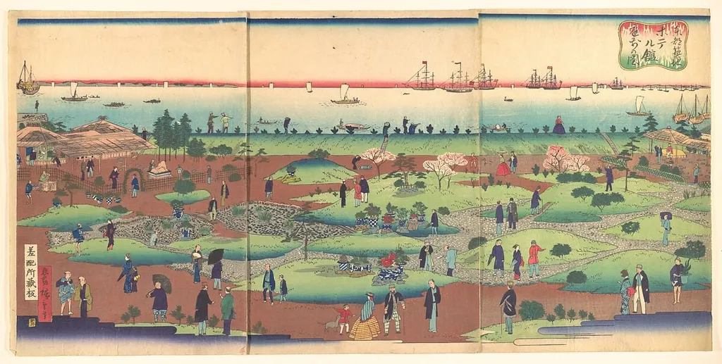東都築地ホテル館庭前の図|Illustration of the Front Garden of the Tsukiji Hotel in the Eastern Capital (Tōto Tsukiji hoteru kan niwa mae no zu), by Utagawa Hiroshige III, ink, 1870