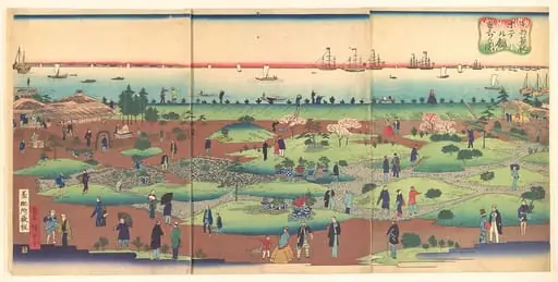 東都築地ホテル館庭前の図|Illustration of the Front Garden of the Tsukiji Hotel in the Eastern Capital  (Tōto Tsukiji hoteru kan niwa mae no zu), by Utagawa Hiroshige III