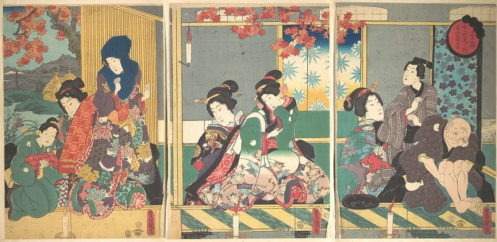 重陽後の月宴 十二月ノ内|Banquet of the Next Full Moon at the Chrysanthemum Festival, from the series The Twelve Months (Chōyō nochi no tsuki no en, Jūni tsuki no uchi), by Utagawa Kunisada, ink, 1854