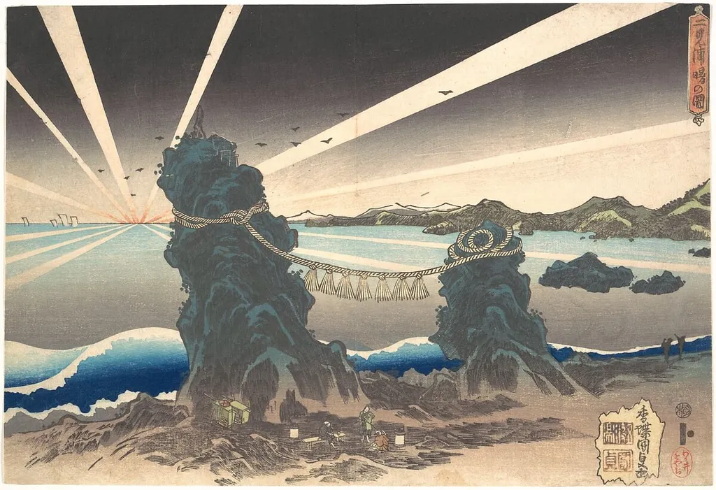 Futami-ga-ura akebono-no kuni|Futami-ga-ura Rocks at Ise, Land of Dawn, by Utagawa Kunisada, ink, 1835