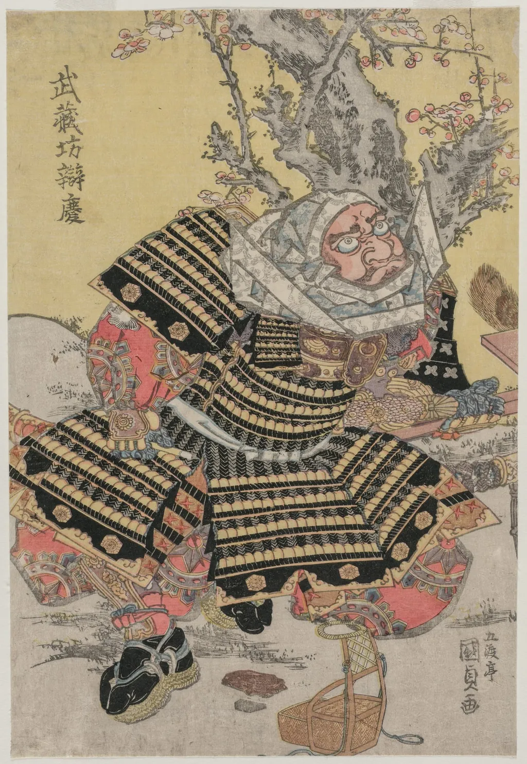Musashibo Benkei Kneeling by a Plum Tree, by Utagawa Kunisada, 1814