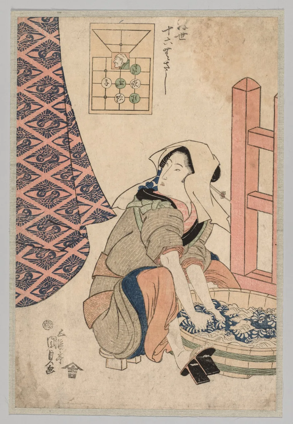 Seated Woman Washing Clothes in a Wooden Tub, by Utagawa Kunisada, 1825