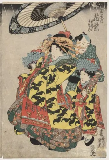 The Courtesans Hanamurasaki and Koshikibu of the Tamaya Promenading in the Rain, by Utagawa Kunisada