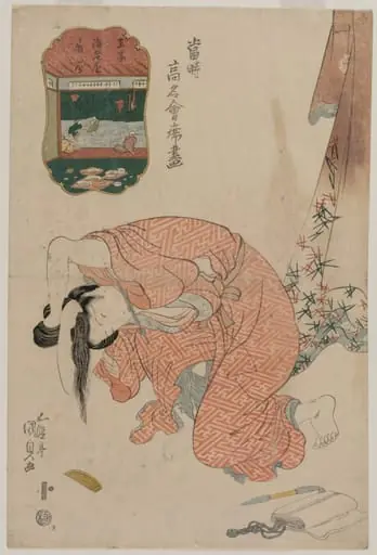 Woman Tying Her Hair (from the series Famous Restaurants of the Present Day), by Utagawa Kunisada