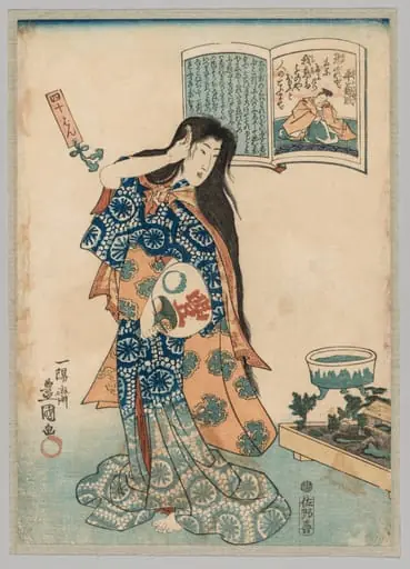 Woman with a Fan in her Left Hand Combing her Hair, by Utagawa Kunisada