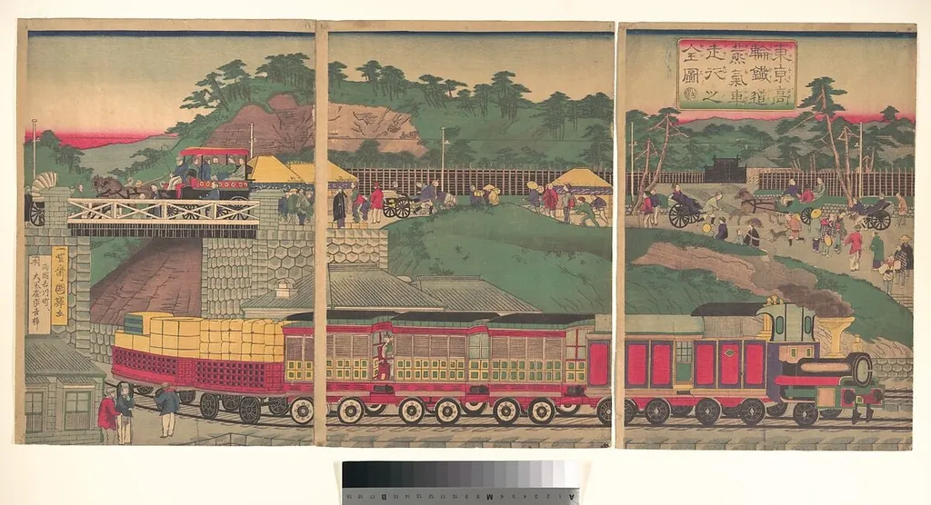 東京高輪鉄道蒸気車走行之全図|Tokyo /Takanawa Steam Railway, by Utagawa Kuniteru, ink