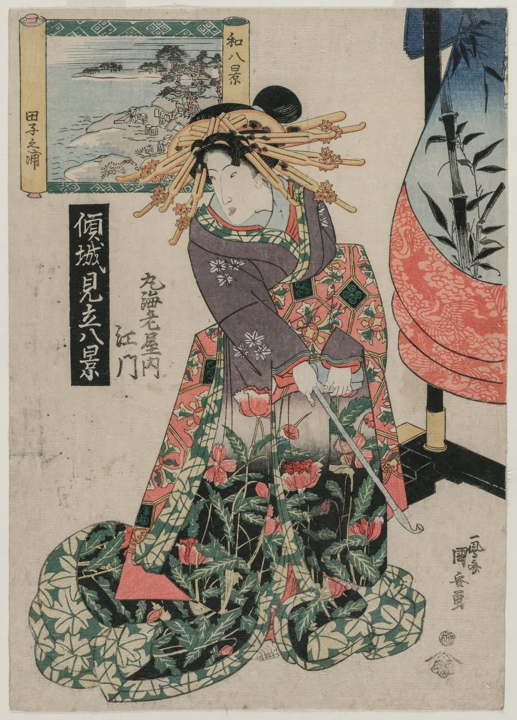 The Courtesan Emon of Maruebiya with a View of Tago Bay (form the series Courtesans with a Playful Group of Eight Views), by Utagawa Kuniyasu, 1830