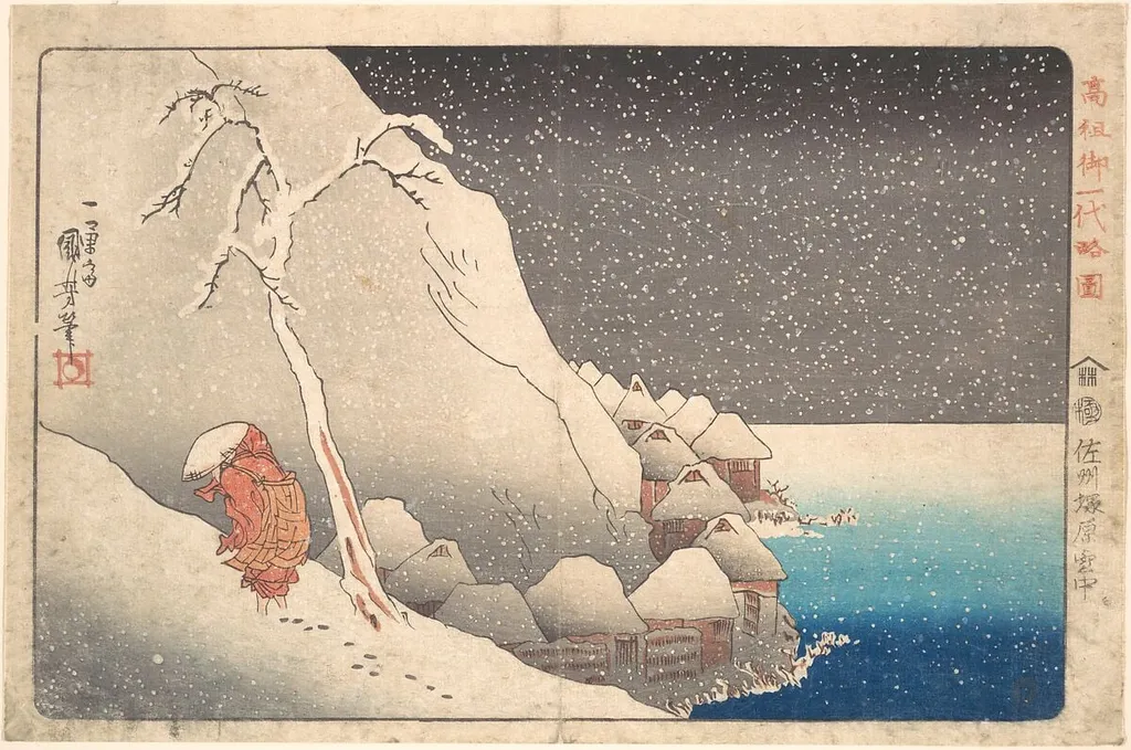 歌川国芳画 「高祖御一代略図 佐州塚原雪中」|Concise Illustrated Biography of Monk Nichiren: In Snow at Tsukahara on Sado Island, by Utagawa Kuniyoshi, ink, 1836