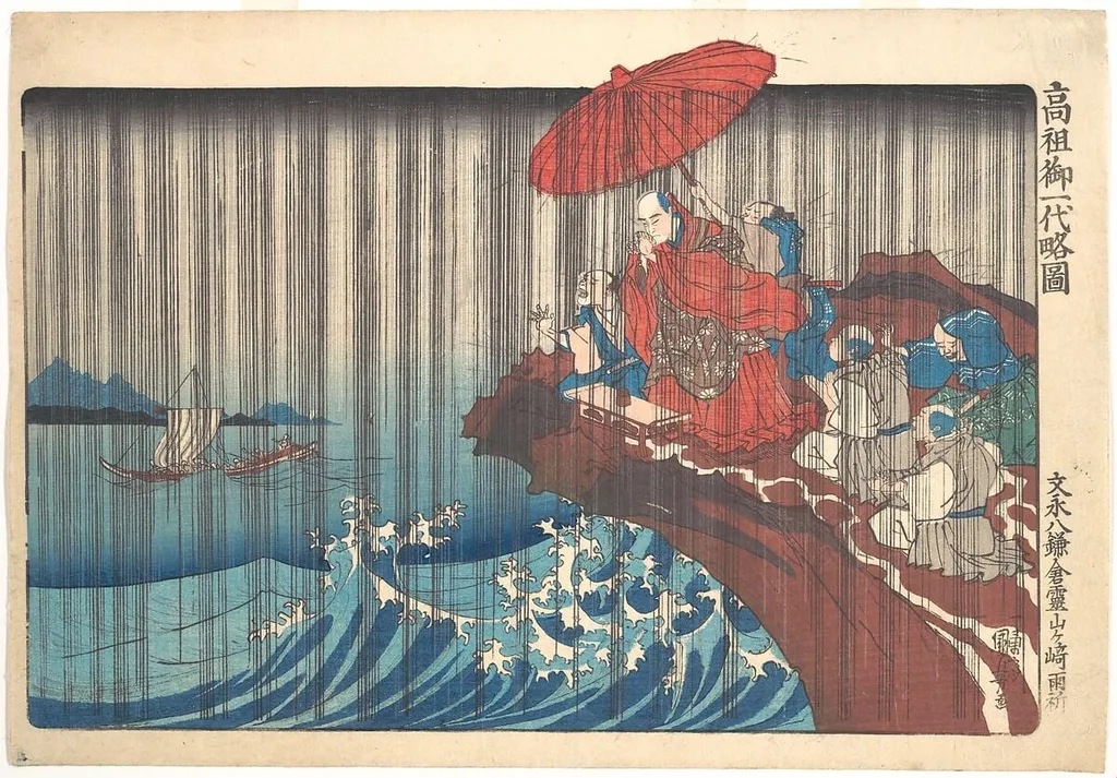 歌川国芳画 「高祖御一代略図 鎌倉霊山ヶ崎雨祈」|Concise Illustrated Biography of Monk Nichiren: Prayer for Rain Answered at Ryōzengasaki in Kamakura, by Utagawa Kuniyoshi, ink, 1836
