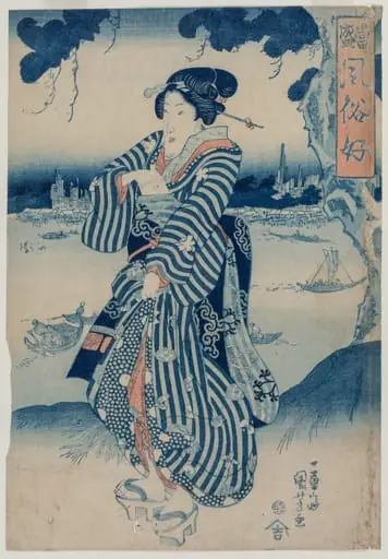 Geisha Standing on the Bank of the Sumida River (from the series People Who Like the Latest Fashions and Manners), by Utagawa Kuniyoshi