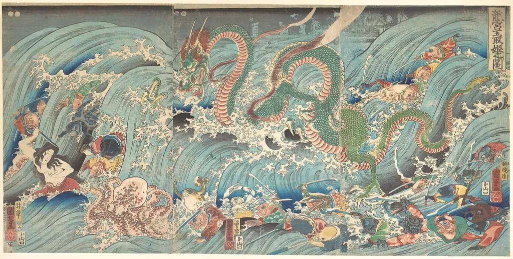 Ryugu Tamatori Hime no su|Recovering the Stolen Jewel from the Palace of the Dragon King, by Utagawa Kuniyoshi, ink, 1853