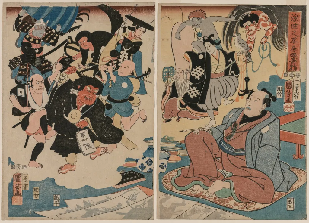 The Strange Occurence of Ukiyo Matahei and his Famous Paintings, by Utagawa Kuniyoshi, 1853