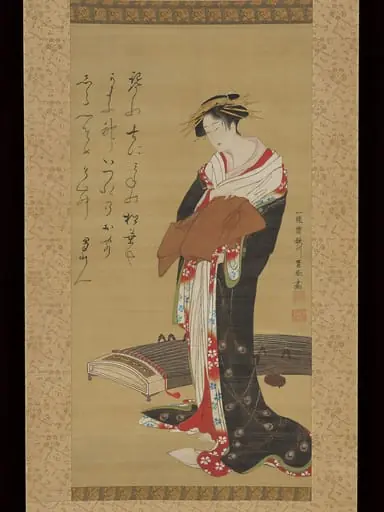 歌川豊春筆 蜀山人(大田 南畝)賛 琴に立美人図|Female Entertainer with a Koto, by Utagawa Toyoharu