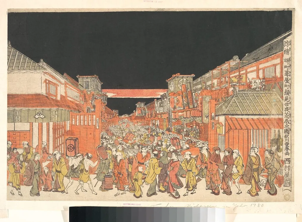 川豊春画 「浮絵境町葺屋町顔見世夜芝居之図」|Perspective Print (Uki-e) of the Theaters in Sakaichō and Fukiyachō on Opening Night, by Utagawa Toyoharu, ink, 1780
