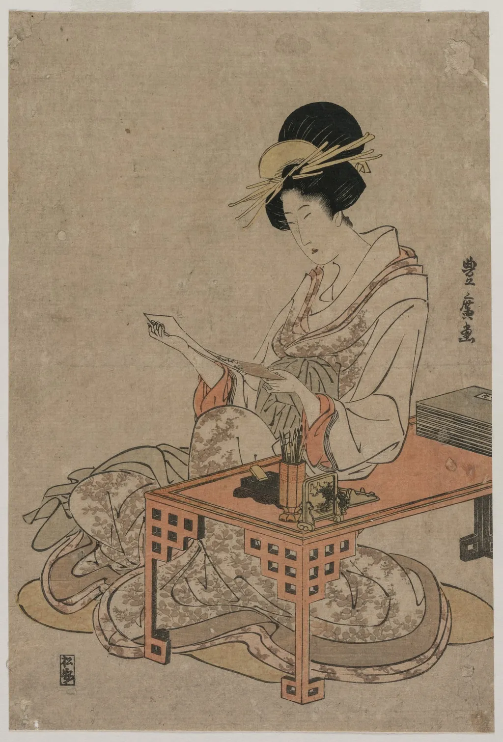 Courtesan Seated at a Writing Table, by Utagawa Toyohiro, 1794