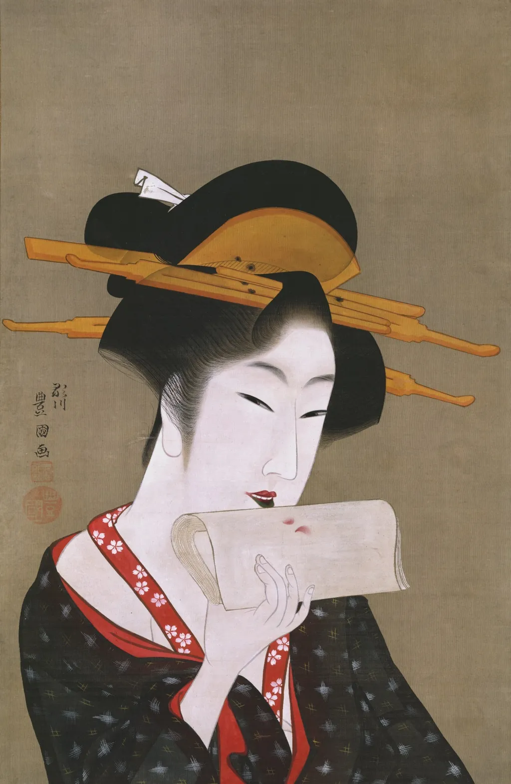 Beauty Blotting Her Lip Rouge, by Utagawa Toyokuni I, unspecified, 1800
