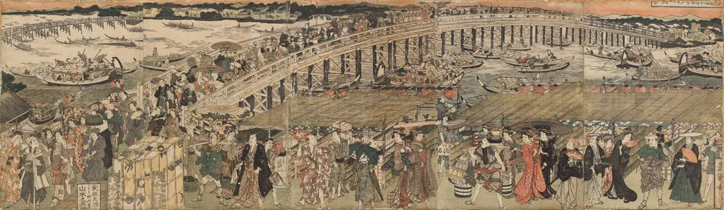 Cooling Off at Ryōgoku Bridge in Edo, a Pentaptych (Edo Ryôgoku suzumi no zu, gomai tsuzuki), by Utagawa Toyokuni I, 1811