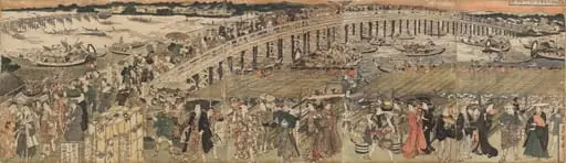 Cooling Off at Ryōgoku Bridge in Edo, a Pentaptych (Edo Ryôgoku suzumi no zu, gomai tsuzuki), by Utagawa Toyokuni I