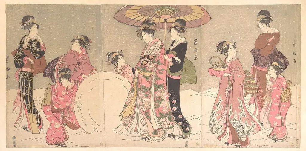 歌川豊国画 雪こかし|Courtesans and Attendants Making a Giant Snowball, by Utagawa Toyokuni I, ink, 1796