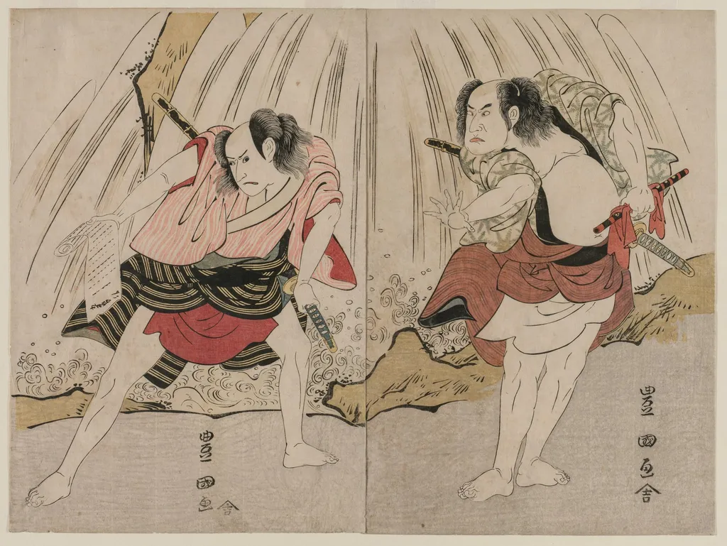 Kataoka Nizaemon VII and Ichikawa Yaozo III in a Confrontation Beside a Waterfall, by Utagawa Toyokuni I, 1797