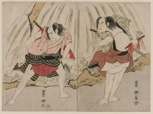 Kataoka Nizaemon VII and Ichikawa Yaozo III in a Confrontation Beside a Waterfall, by Utagawa Toyokuni I