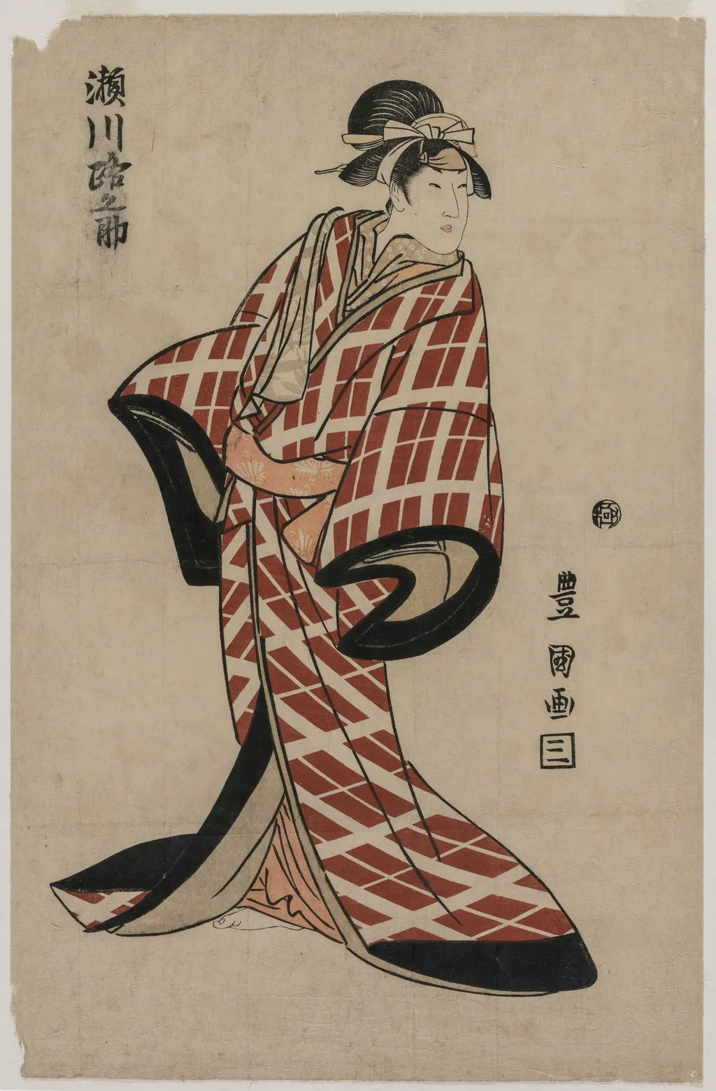 Segawa Michinosuke Wearing a Padded Plaid Robe, by Utagawa Toyokuni I, 1805