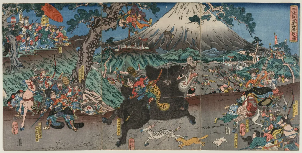 Picture of Minamoto no Yoritomo's Hunt on the Slopes of Mount Fuji, by Utagawa Yoshifuji, 1844