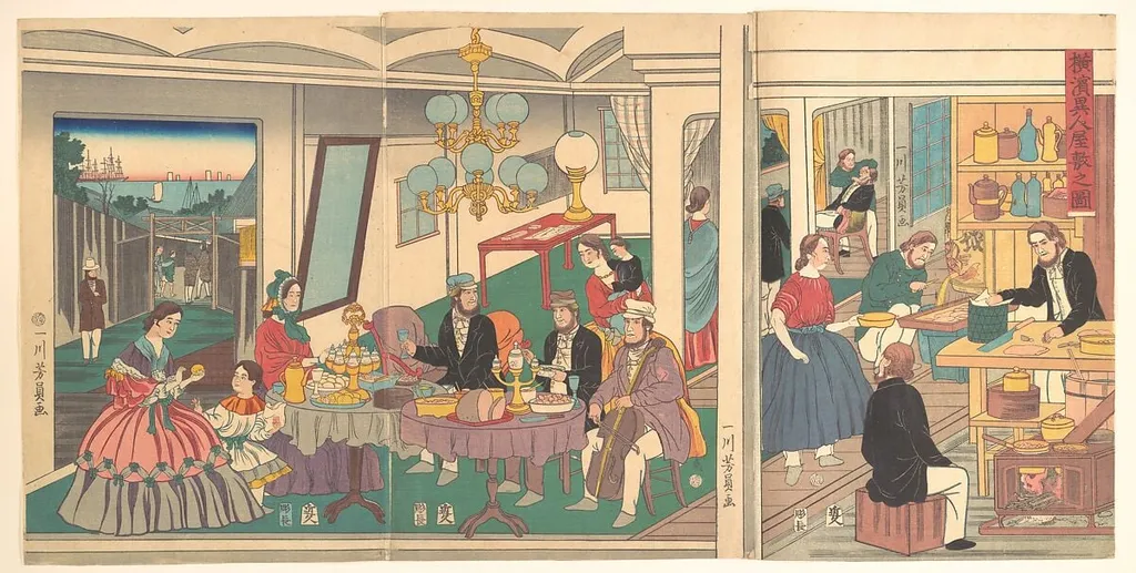 歌川芳員画 「横浜異人屋敷之圖」|A Foreign Residence in Yokohama, by Utagawa Yoshikazu, ink, 1861