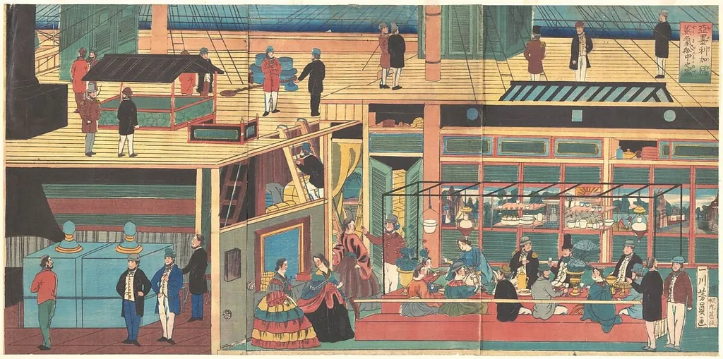 Amerika Koku Jokisen naka no zu|View Inside an American Steamship, by Utagawa Yoshikazu, ink, 1861