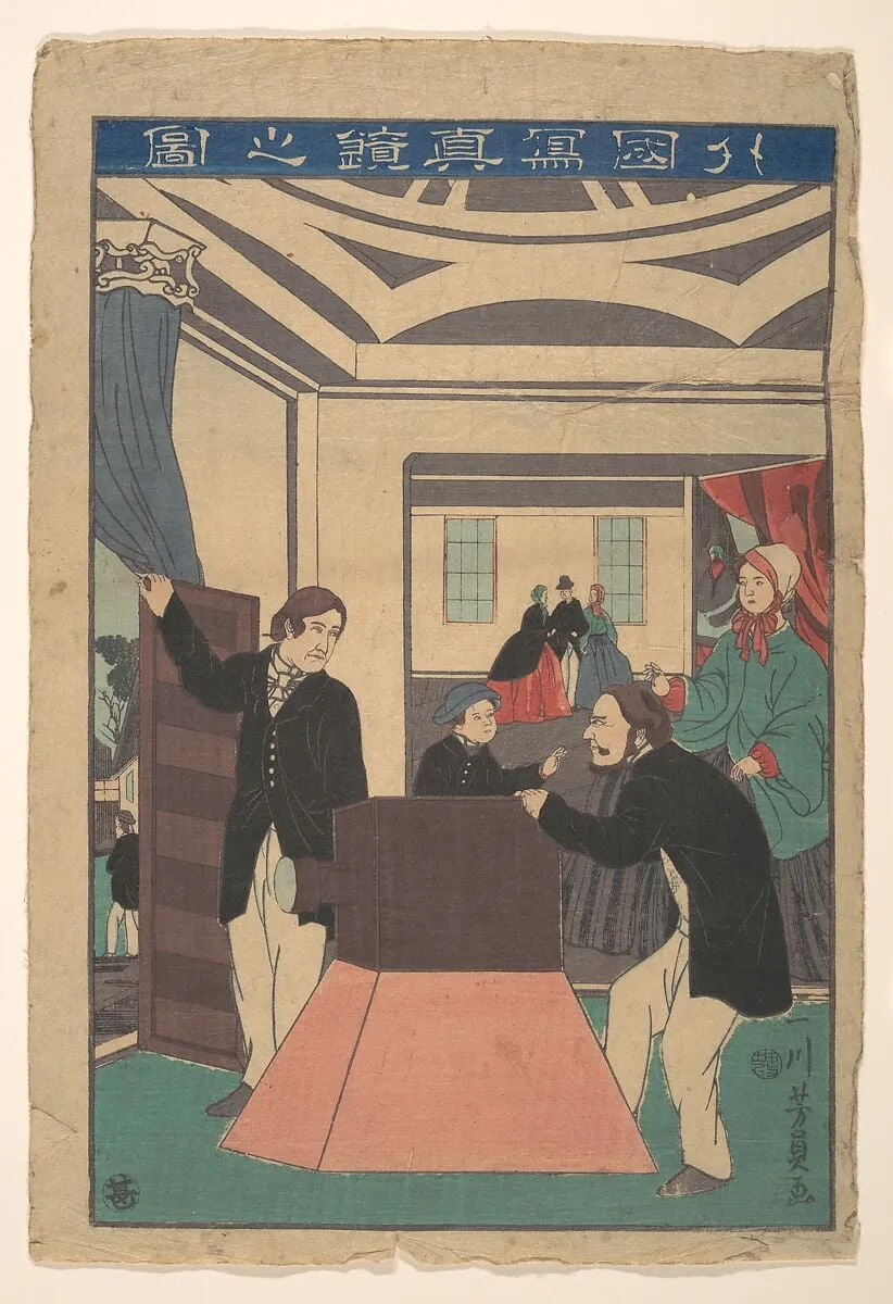 Gaikoku shashin kagami no zu|Foreigners Employing a Camera, by Utagawa Yoshikazu, ink, 11