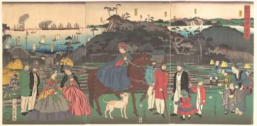 Kanagawa Gongenyama Gaikokujin yūran|Foreigners Visiting the Famous Site of Mt. Gongen in Kanagawa, by Utagawa Yoshikazu