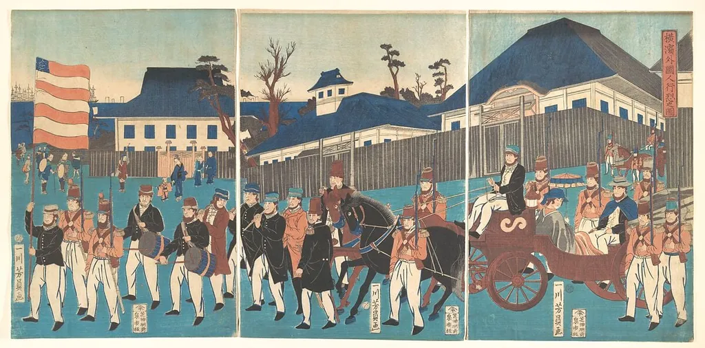 Yokohama Gankirō gaikokujin gyōretsu no zu|Picture of a Procession of Foreigners at Yokohama, by Utagawa Yoshikazu, ink, 2