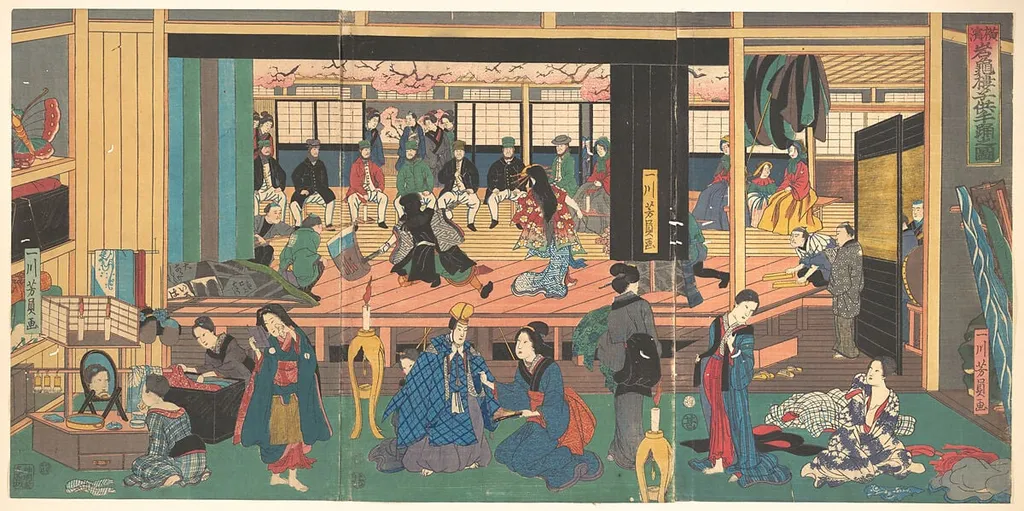 Yokohama Gankirō kodomo te odori no zu|Foreigners Enjoying Children's Kabuki at the Gankirō Tea House, by Utagawa Yoshikazu, ink, 1