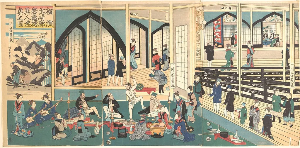 Yokohama Miyozaki-kaku Gankirō ijin yūkyō no zu|Foreigners Enjoying a Party at the Gankirō Tea House, by Utagawa Yoshikazu, ink, 1
