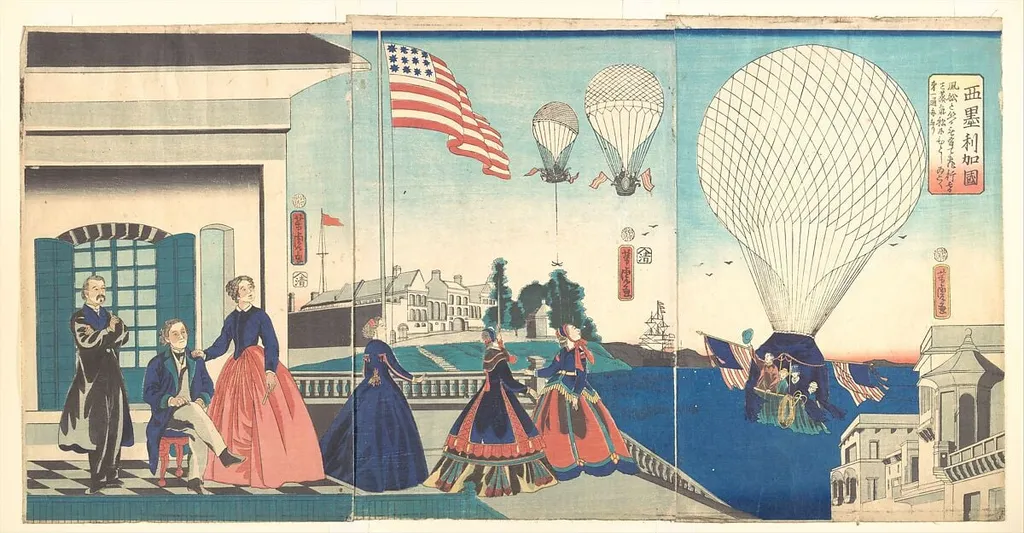 「亜墨利加國」|“America”: Enjoying Hot Air Balloons, by Utagawa Yoshitora, ink, 1867