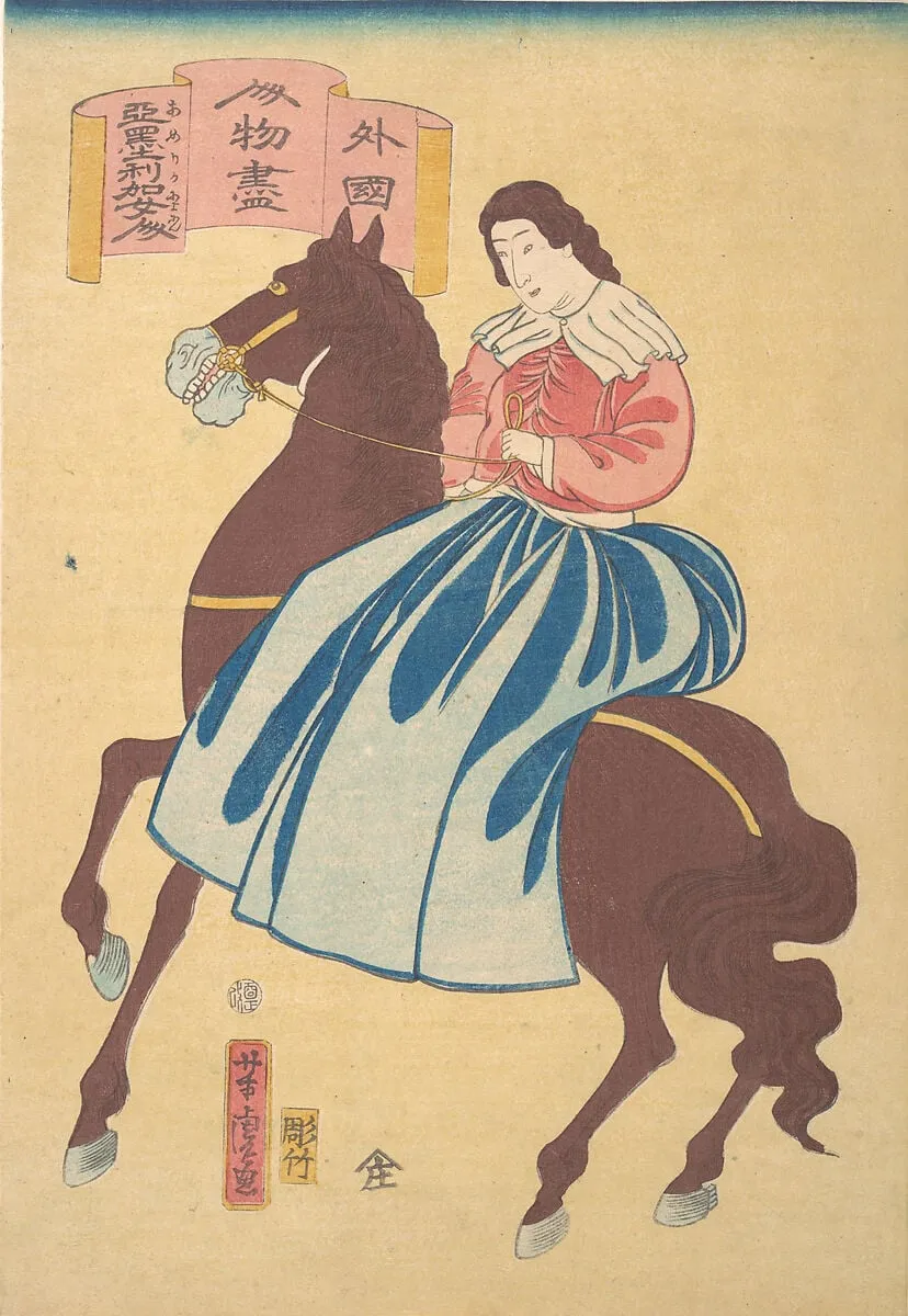 Amerika nyōjin|American Horsewoman, by Utagawa Yoshitora, ink, 1