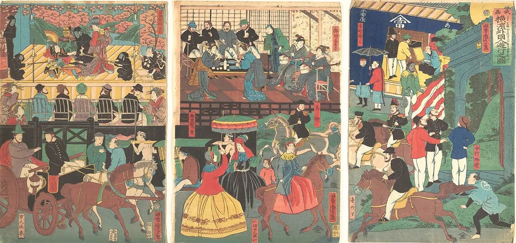 Bushu Yokohama gaikokujin yūkyō no zu|A View of the Amusements of the Foreigners in Yokohama, Bushu, by Utagawa Yoshitora, ink, 1