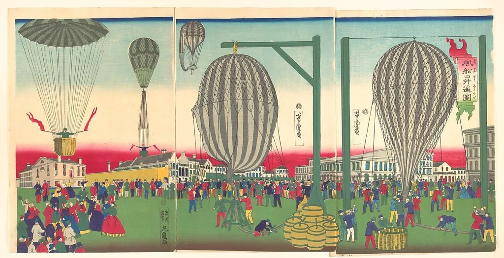 風船昇遥図|Illustration of a Balloon Ascending (Fūsen shōyō no zu), by Utagawa Yoshitora, ink, 1872