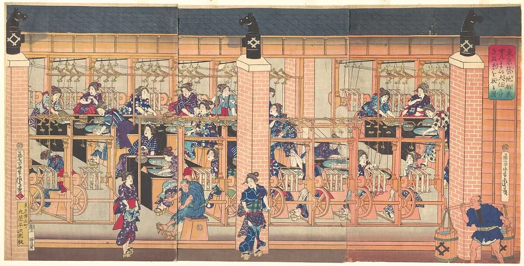 『東京築地舶来ぜんま い大仕かけきぬ糸をとる図』|Imported Silk Reeling Machine at Tsukiji in Tokyo, by Utagawa Yoshitora, ink, 4