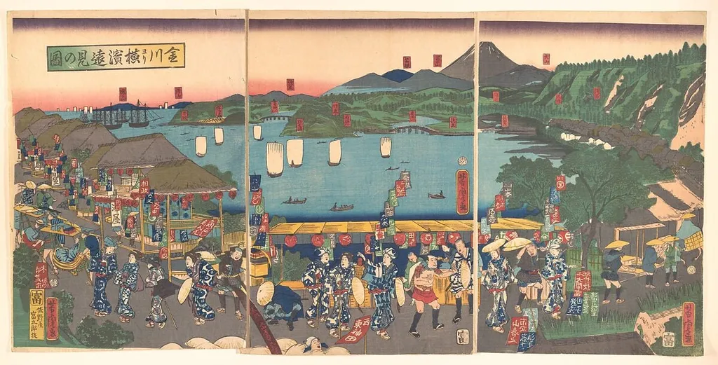 Kanagawa yōri Yokohama...ken no zu|A Distant View of Yokohama from Kanagawa, by Utagawa Yoshitora, ink, 5