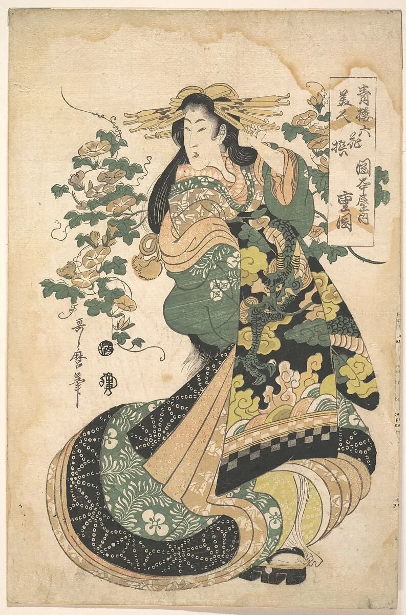青楼美人 六花撰 岡本屋内 重岡|A Courtesan with Morning-glories on the Background, by Utamaro II, ink, 1723