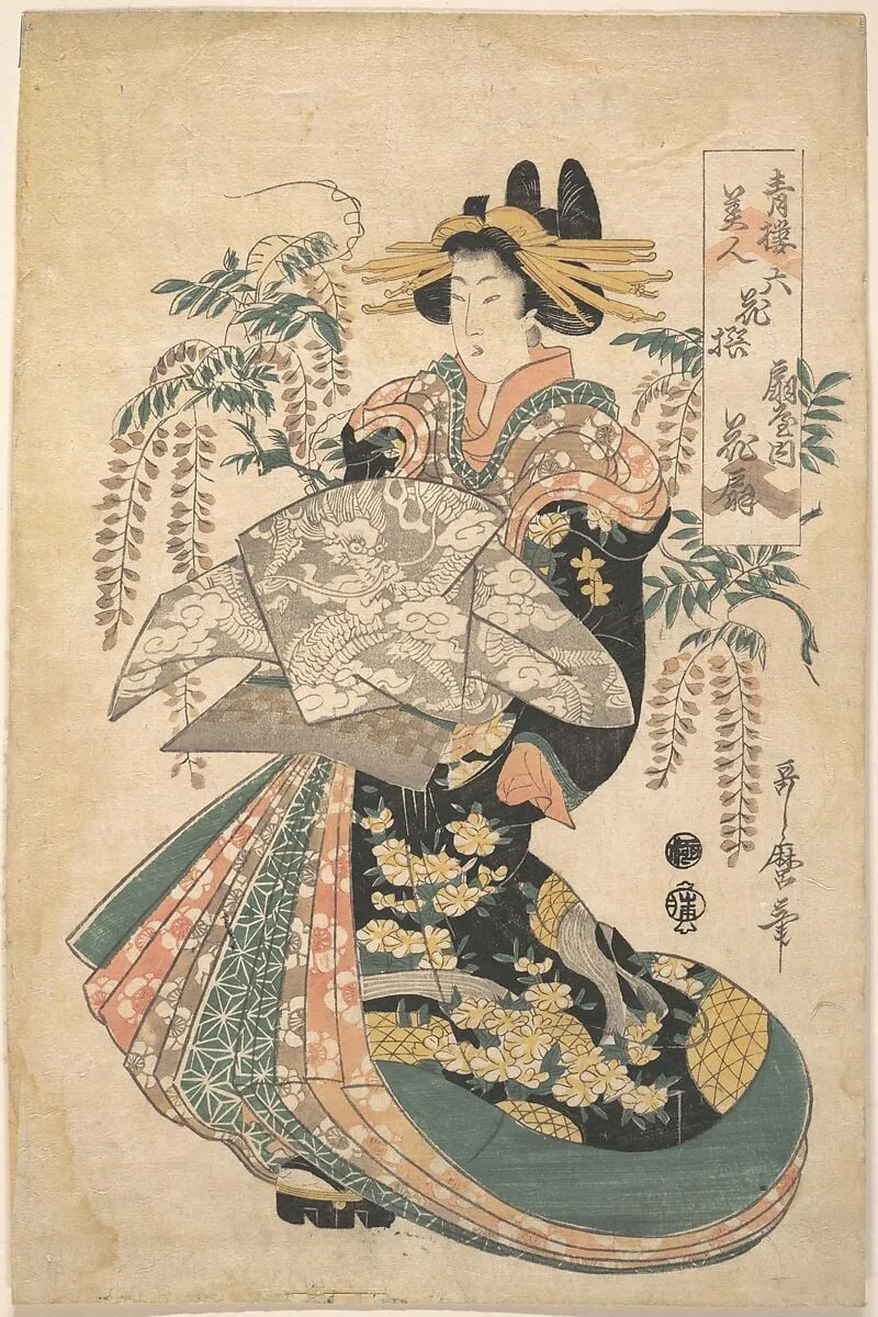 青楼美人 六花撰 扇屋内花扇|A Courtesan with Wisteria on the Background, by Utamaro II, ink, 1723