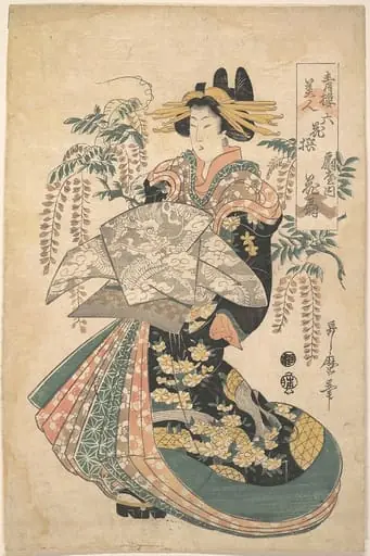 青楼美人　六花撰　扇屋内花扇|A Courtesan with Wisteria on the Background, by Utamaro II