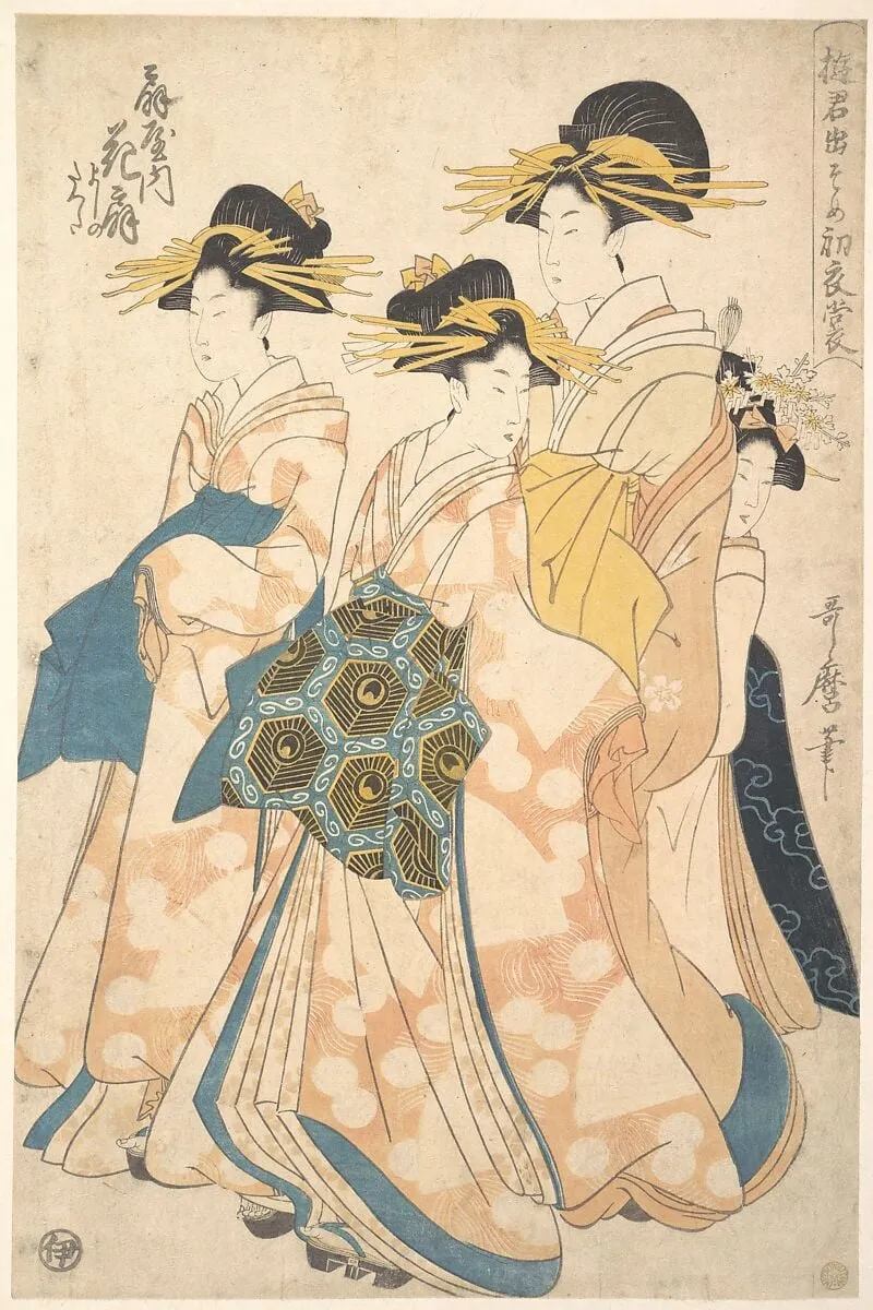 遊君出そめ初衣裳 扇屋内花扇|The Oiran Hanaogi of Ogiya attended by Two Shinzo and Her Kamuro Yoshino, by Utamaro II, ink, 1806