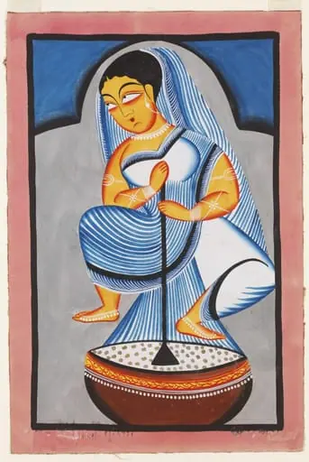 A woman churning milk, by Uttam Chitrakar