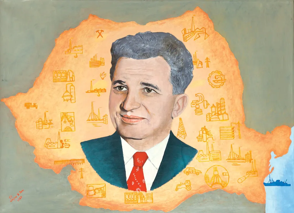 Tablou, ulei pe pânză, portretul lui Nicolae Ceaușescu este redat în mijlocul unei hărți a României, înconjurat de diferite obiective industriale. Comandat și oferit de Comitetul Județean de Partid Alba, 15 octombrie 1981., by V. Ion Popa