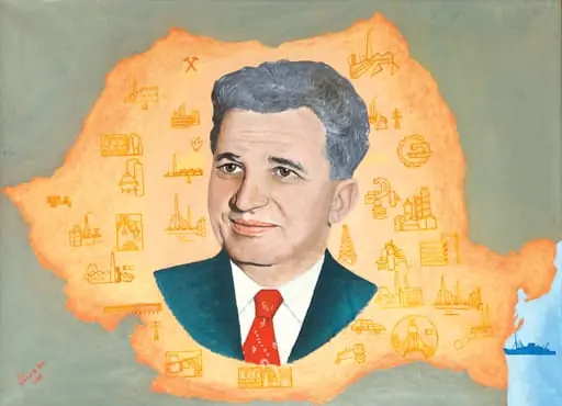 Tablou, ulei pe pânză, portretul lui Nicolae Ceaușescu este redat în mijlocul unei hărți a României, înconjurat de diferite obiective industriale. Comandat și oferit de Comitetul Județean de Partid Alba, 15 octombrie 1981., by V. Ion Popa