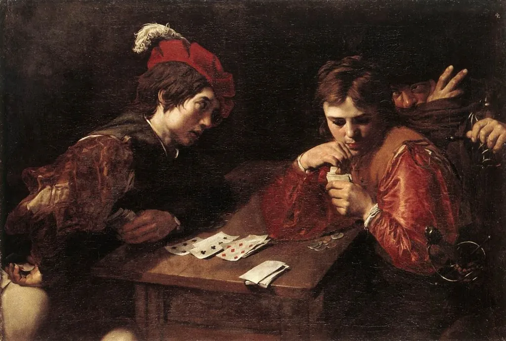 The Cardsharps, by Valentin de Boulogne, oil, 1616