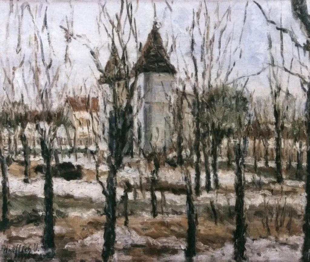 Peisaj cu copaci și biserică, by Valentin Hoeflich, unspecified, 1936